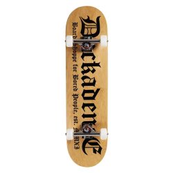 Complete skateboard with a maple deck, aluminum trucks, and polyurethane wheels.